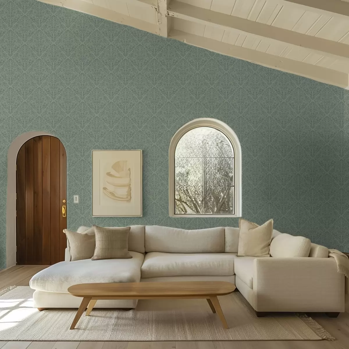 Papel de parede Damasco botânico fino em verde suave a00815v1