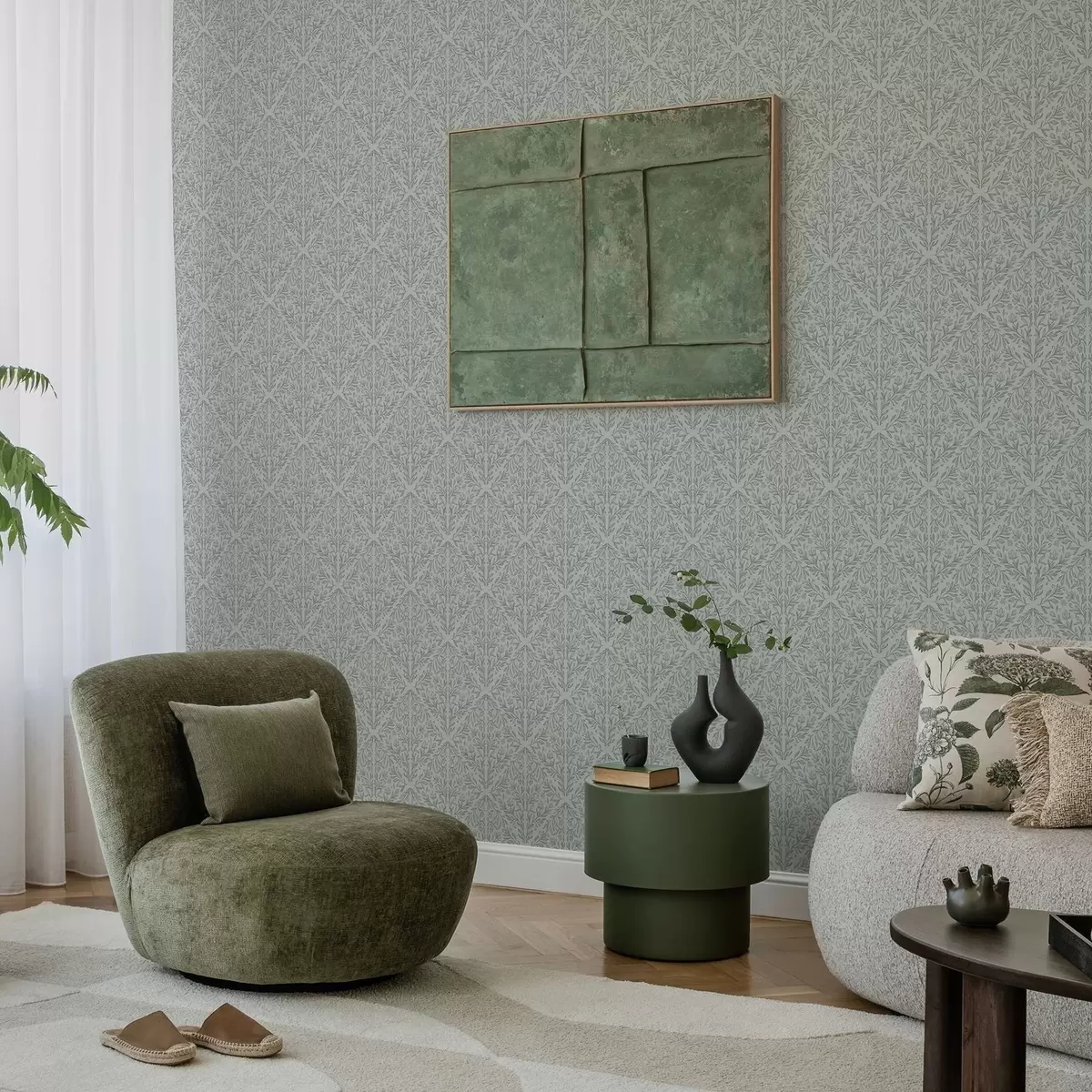 Papel de parede Damasco botânico em cinza claro com contornos suaves a00815v2