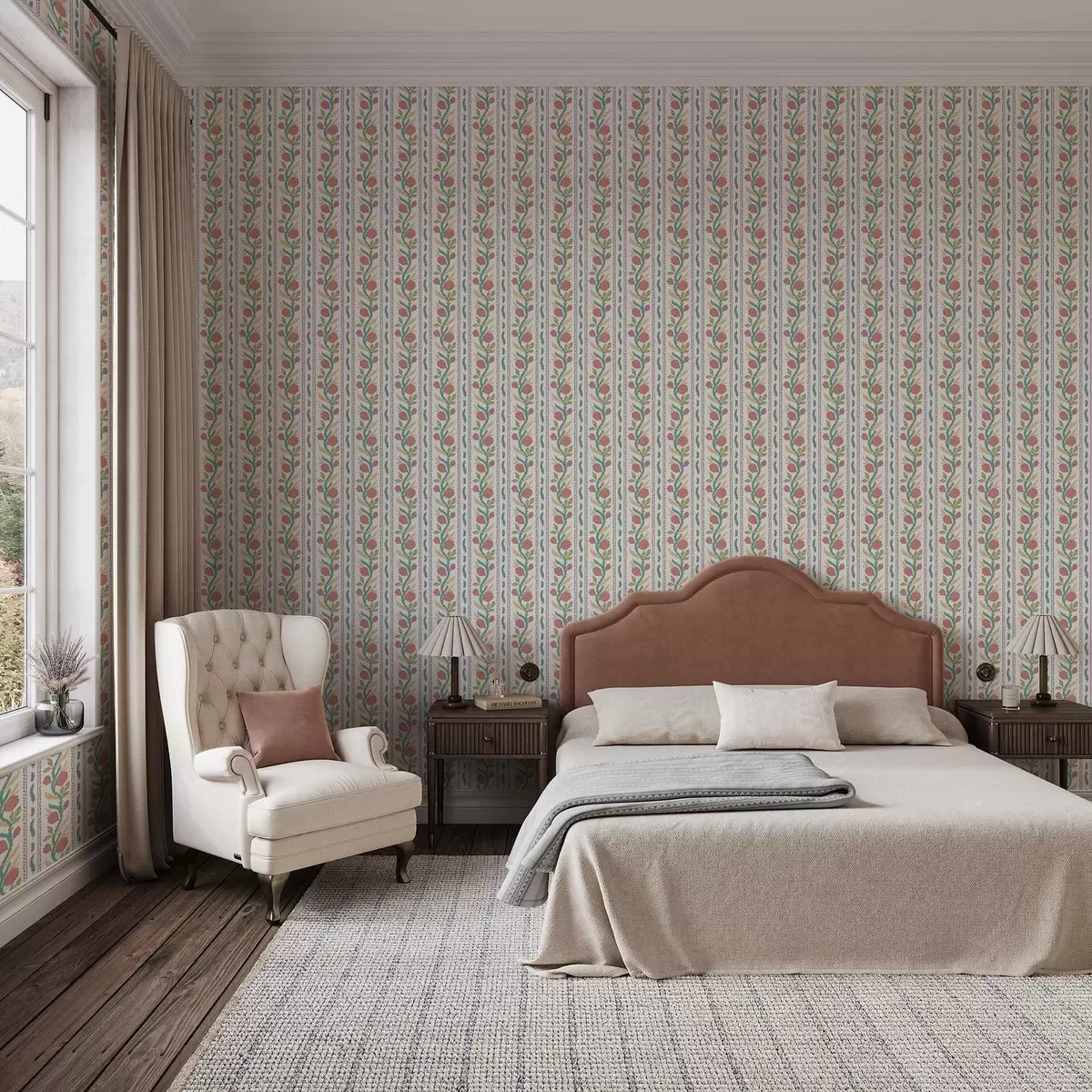 Papel de parede Listras verticais com flores cor de coral e folhas turquesa a00816