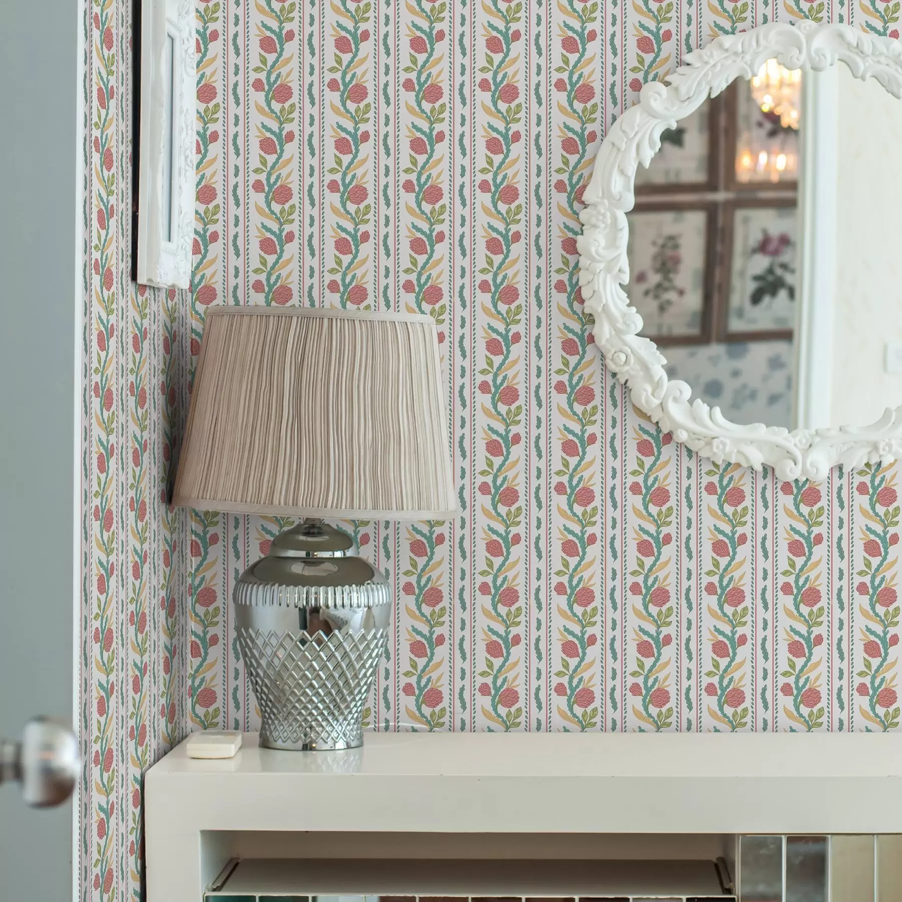 murais de parede Listras verticais com flores cor de coral e folhas turquesa a00816