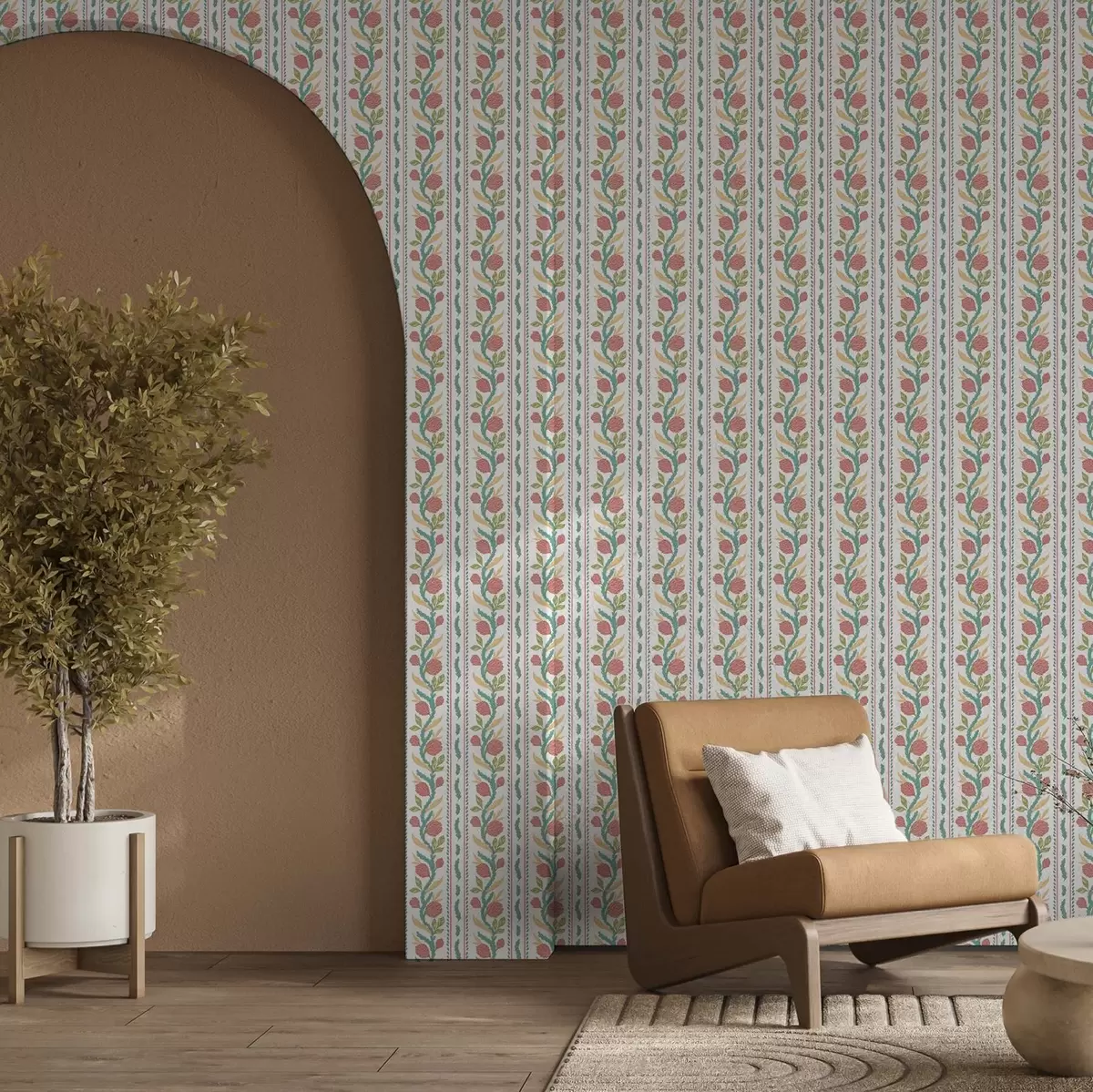 Papel de parede Listras verticais com flores cor de coral e folhas turquesa a00816