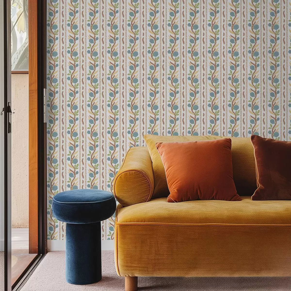 Papel de parede Listras verticais com flores azuis a00816v2