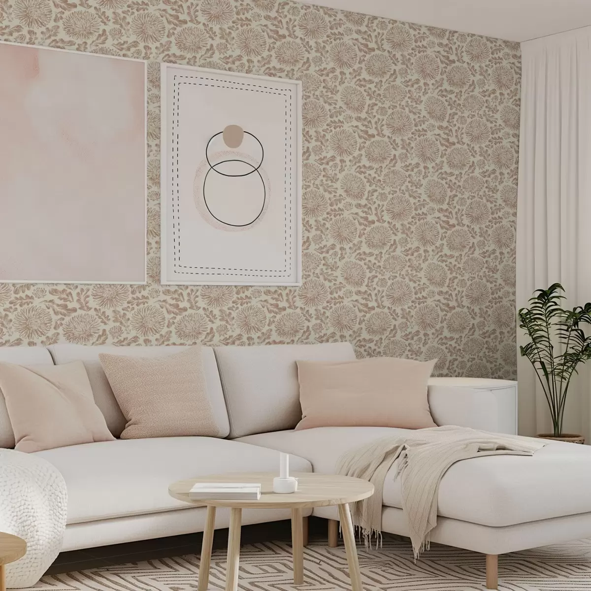 Papel de parede Crisântemos e folhas de carvalho em bege-castanho suave a00840