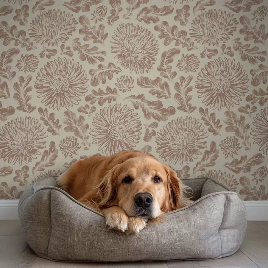 murais de parede Crisântemos e folhas de carvalho em bege-castanho suave a00840