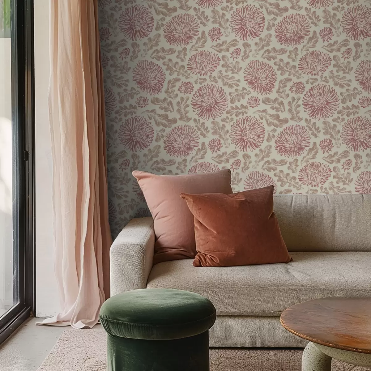 Papel de parede Crisântemos com detalhes em vinho sobre fundo creme a00840v1