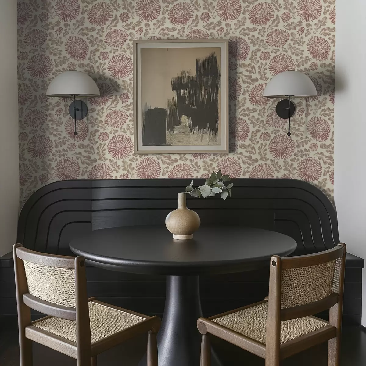 Papel de parede Crisântemos com detalhes em vinho sobre fundo creme a00840v1