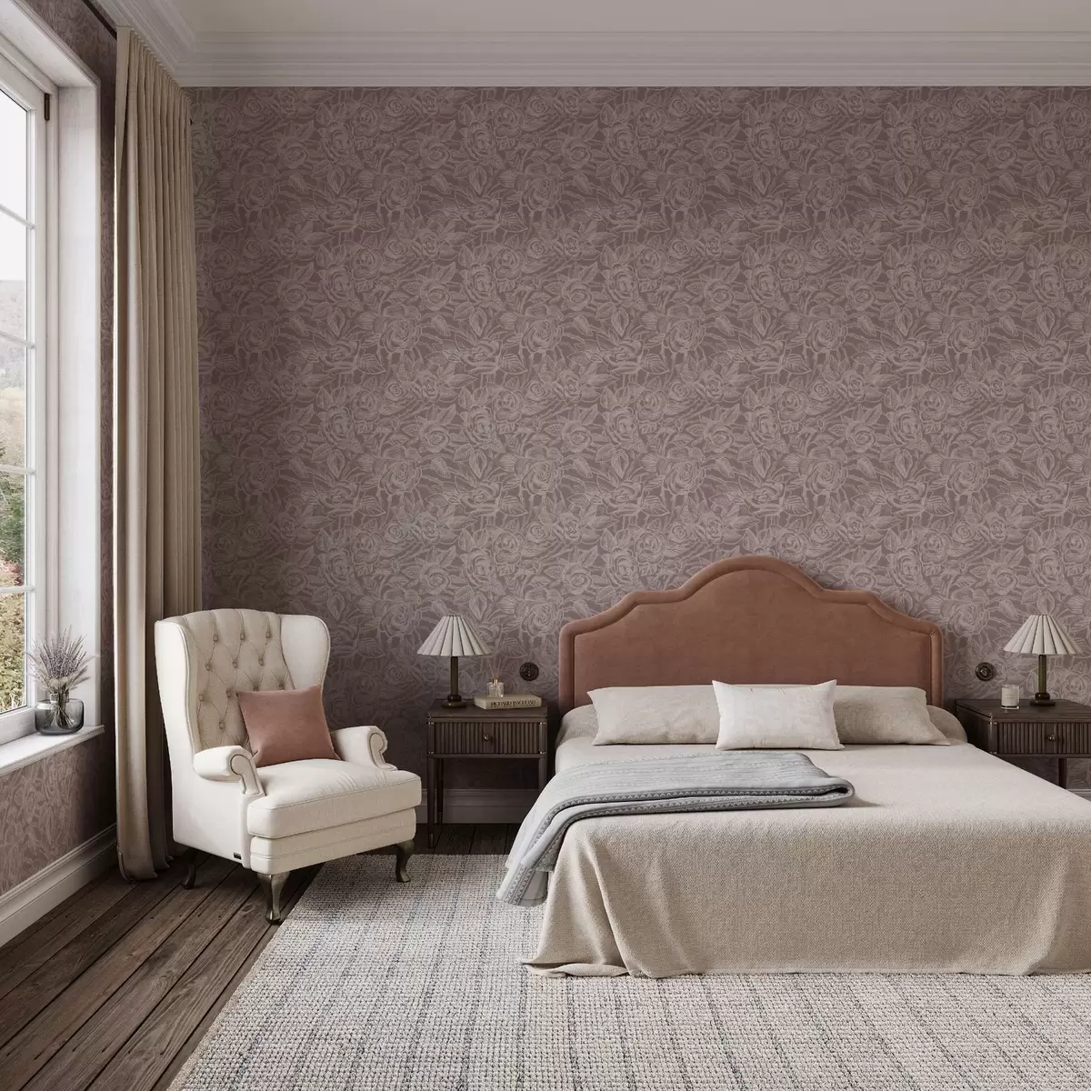 Papel de parede Rosas gravadas em cinza-castanho escuro a00841