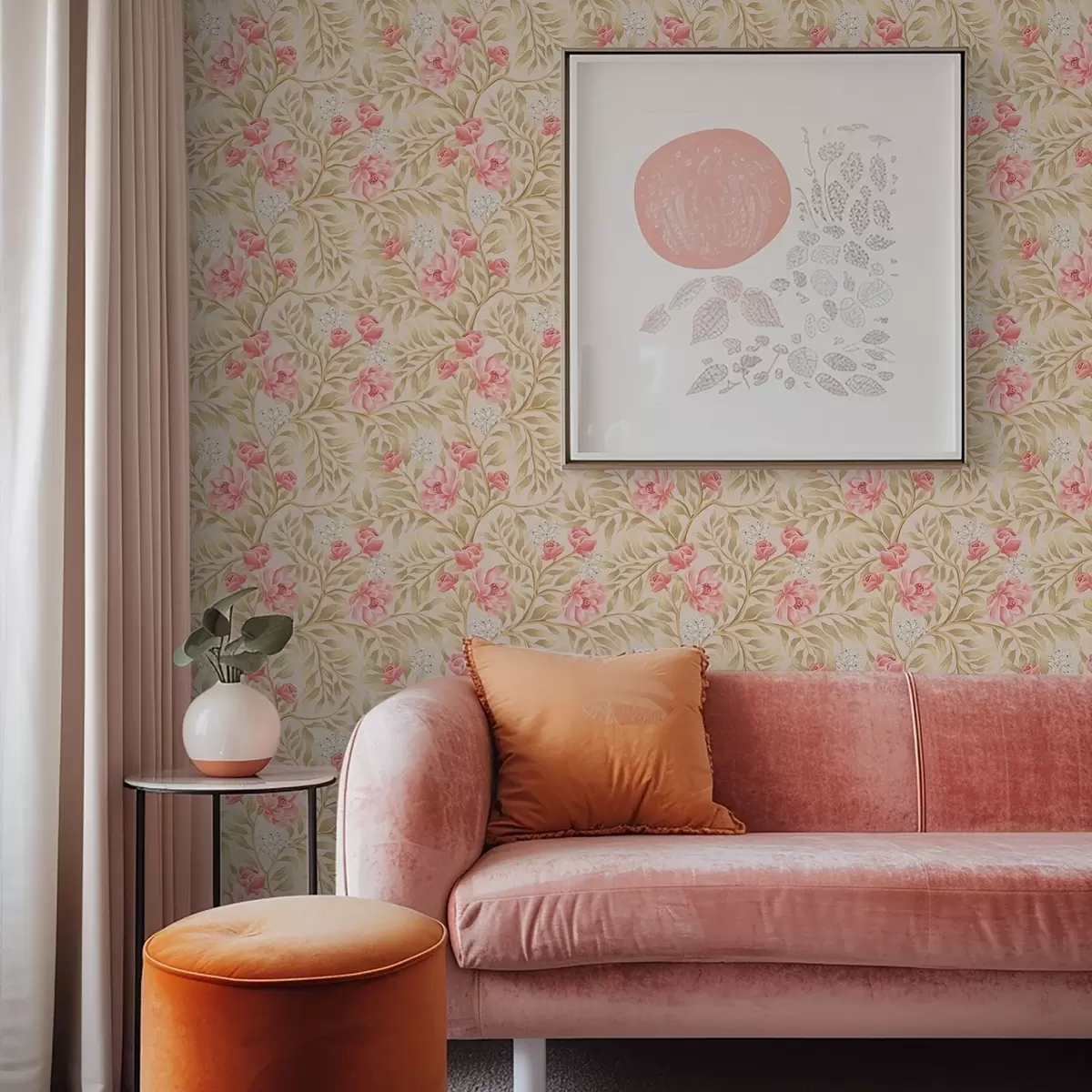 Papel de parede Flores cor-de-rosa, flores brancas e folhagem em tons de ocre a00855