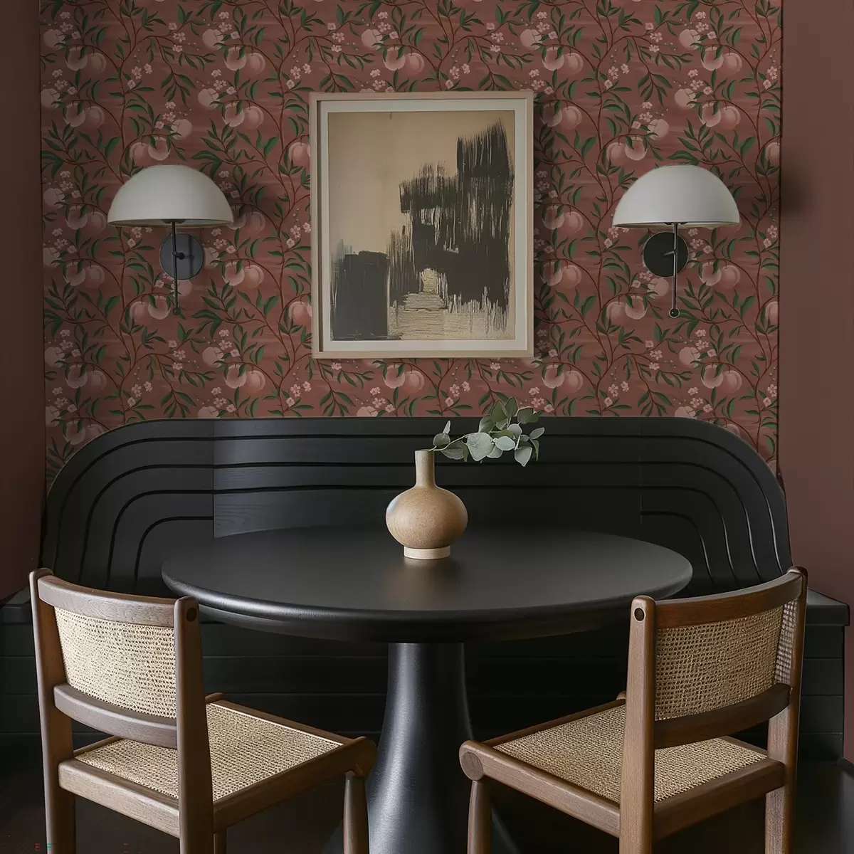 Papel de parede Pêssegos em ramos com flores cor-de-rosa, solo em terracota a00856