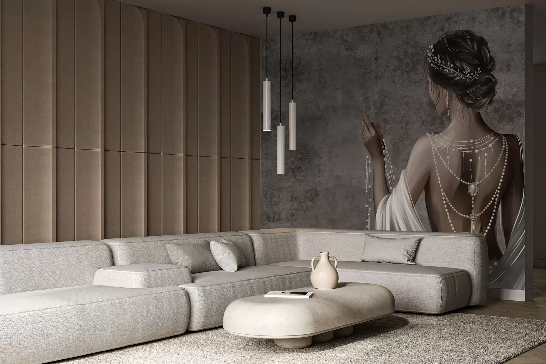murais de parede Mulher vista de costas com pérolas, fundo cinzento com padrão de pedras w04854