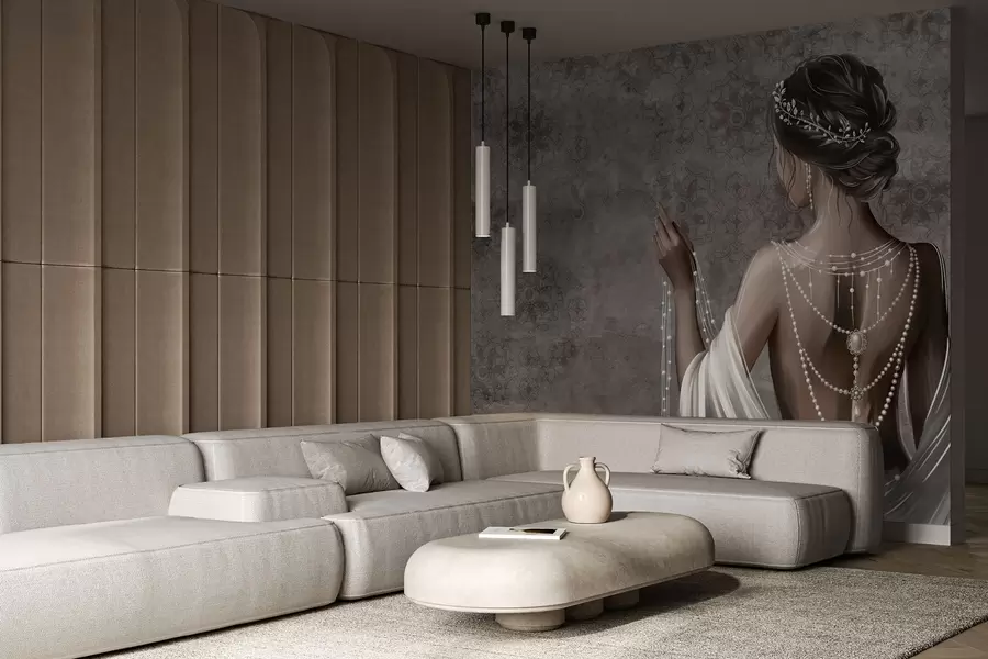 murais de parede Mulher vista de costas com pérolas, fundo cinzento com padrão de pedras w04854