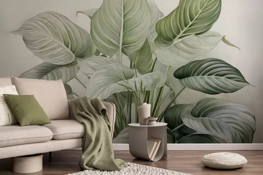 murais de parede Arbusto exuberante de folhas verdes na parede w04835