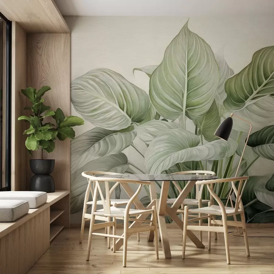 murais de parede Arbusto exuberante de folhas verdes na parede w04835