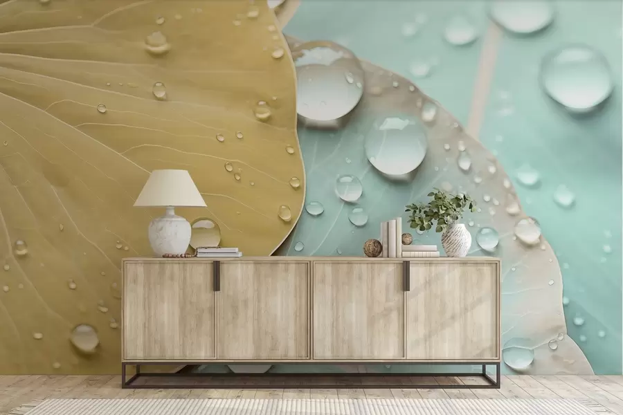 murais de parede Gotas de água nas folhas macro aquarela w04838v1