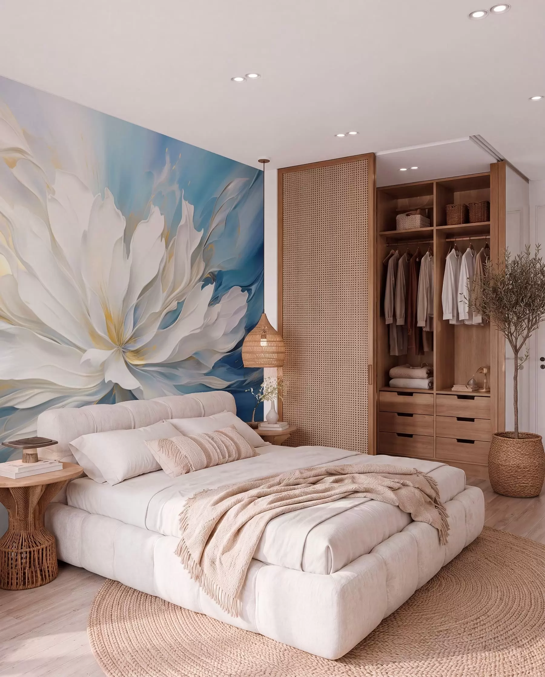 murais de parede Grande peónia branca em estilo pintura a óleo sobre fundo azul-amarelo w09511