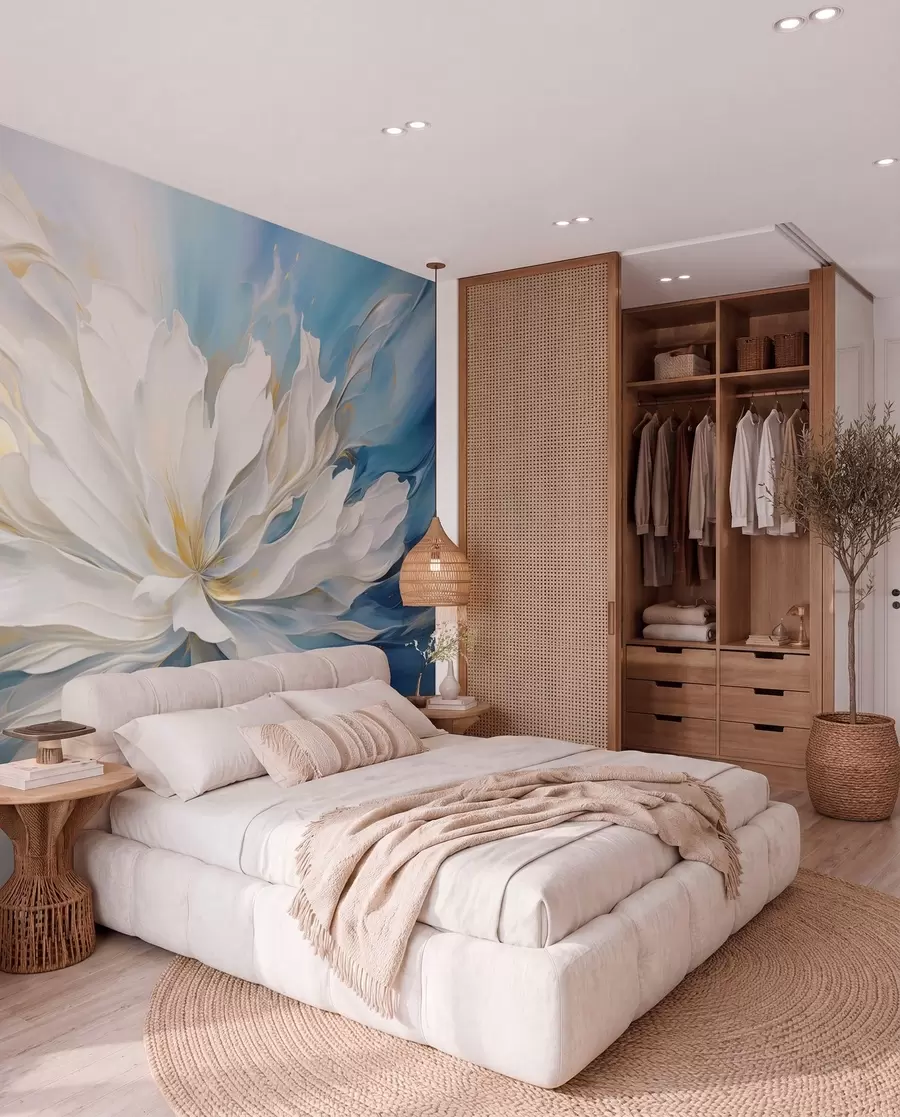 murais de parede Grande peónia branca em estilo pintura a óleo sobre fundo azul-amarelo w09511