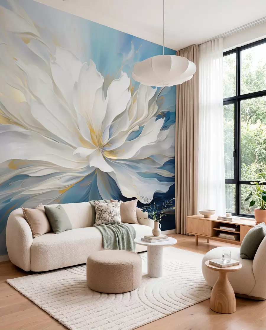 murais de parede Grande peónia branca em estilo pintura a óleo sobre fundo azul-amarelo w09511