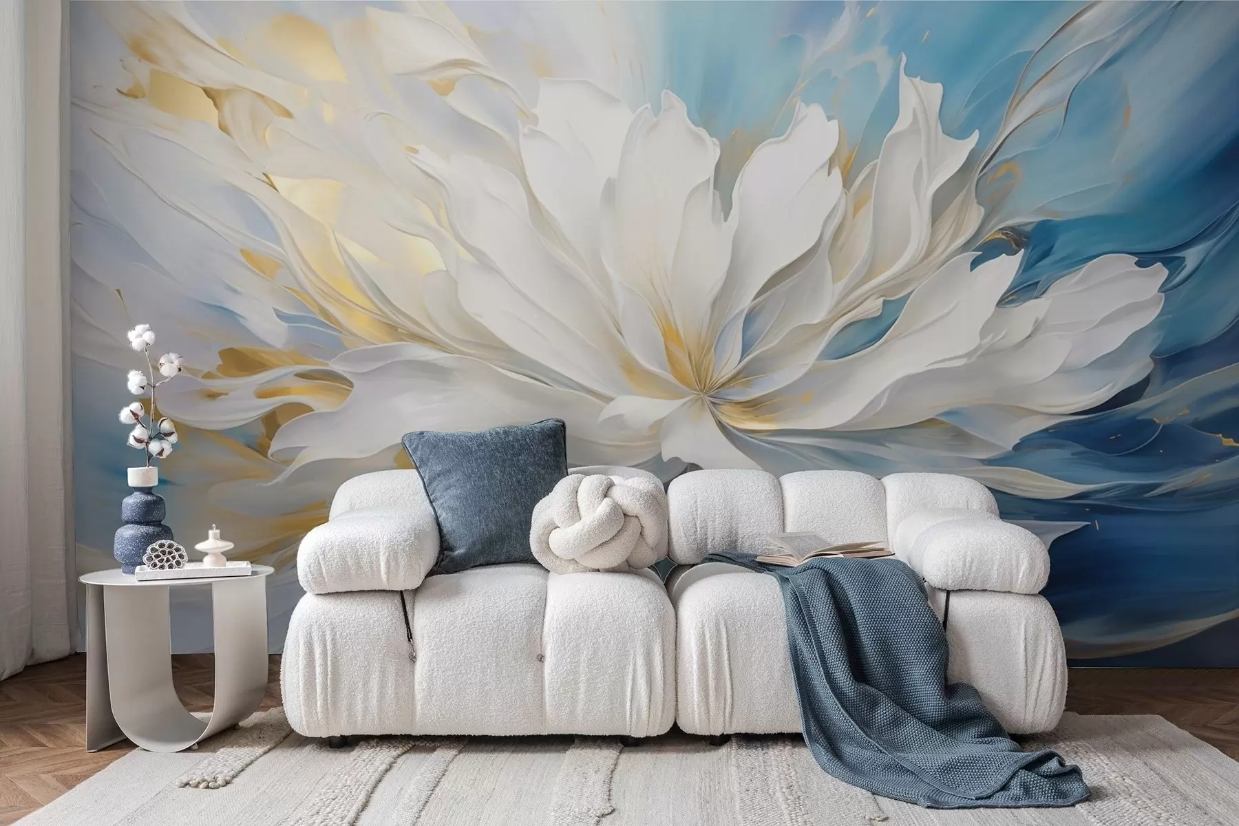 murais de parede Grande peónia branca em estilo pintura a óleo sobre fundo azul-amarelo w09511