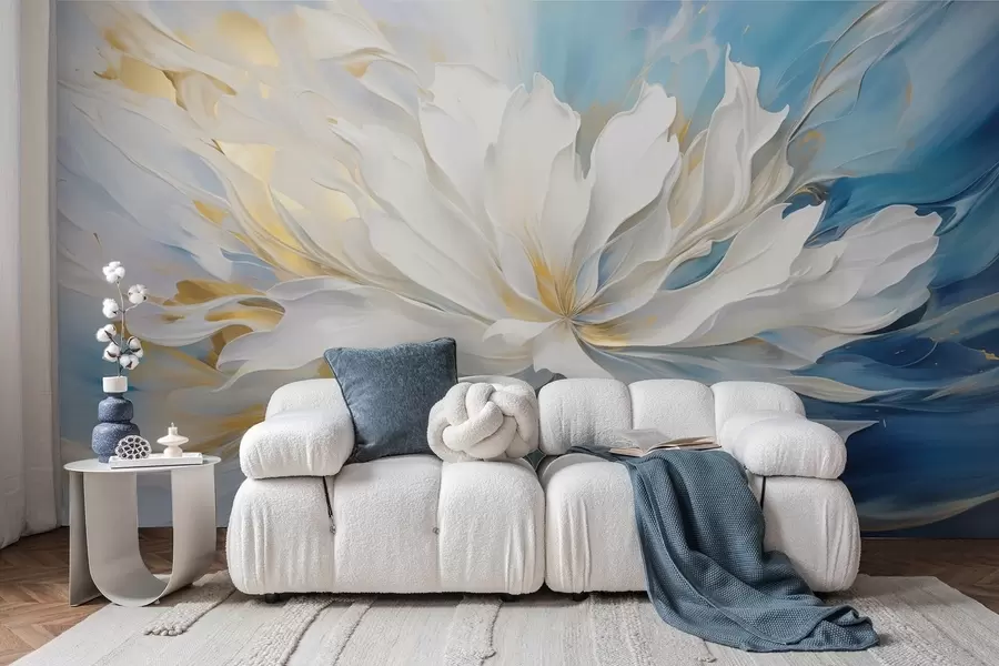 murais de parede Grande peónia branca em estilo pintura a óleo sobre fundo azul-amarelo w09511