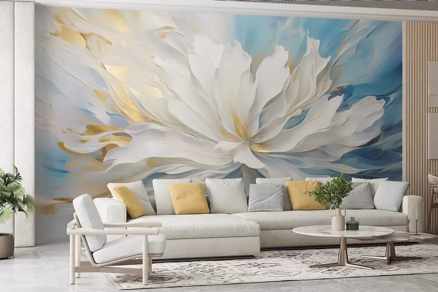 murais de parede Grande peónia branca em estilo pintura a óleo sobre fundo azul-amarelo w09511