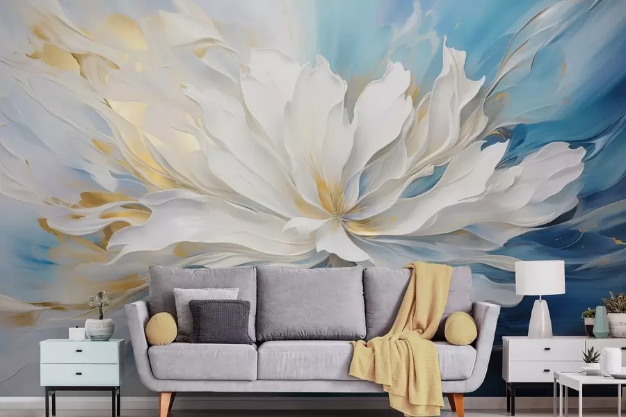 murais de parede Grande peónia branca em estilo pintura a óleo sobre fundo azul-amarelo w09511