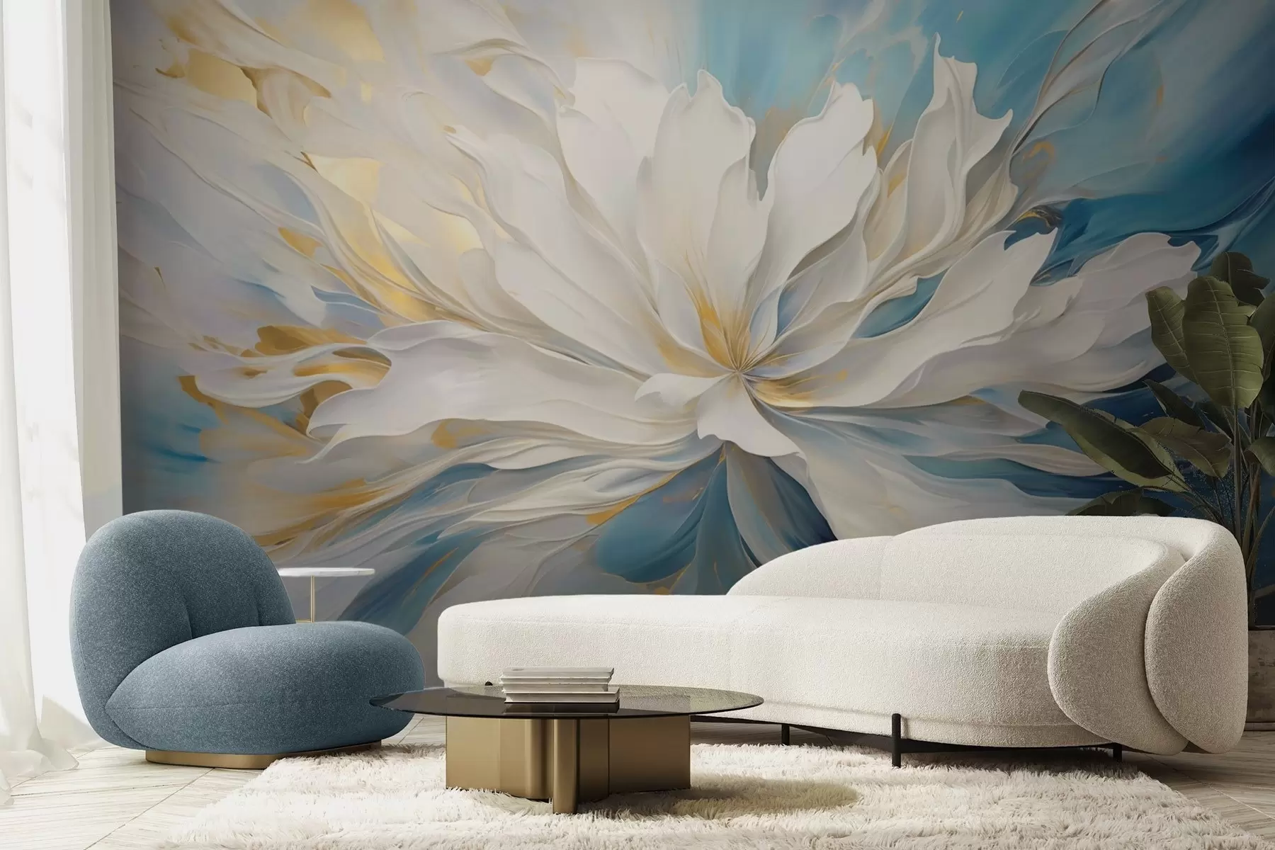 murais de parede Grande peónia branca em estilo pintura a óleo sobre fundo azul-amarelo w09511