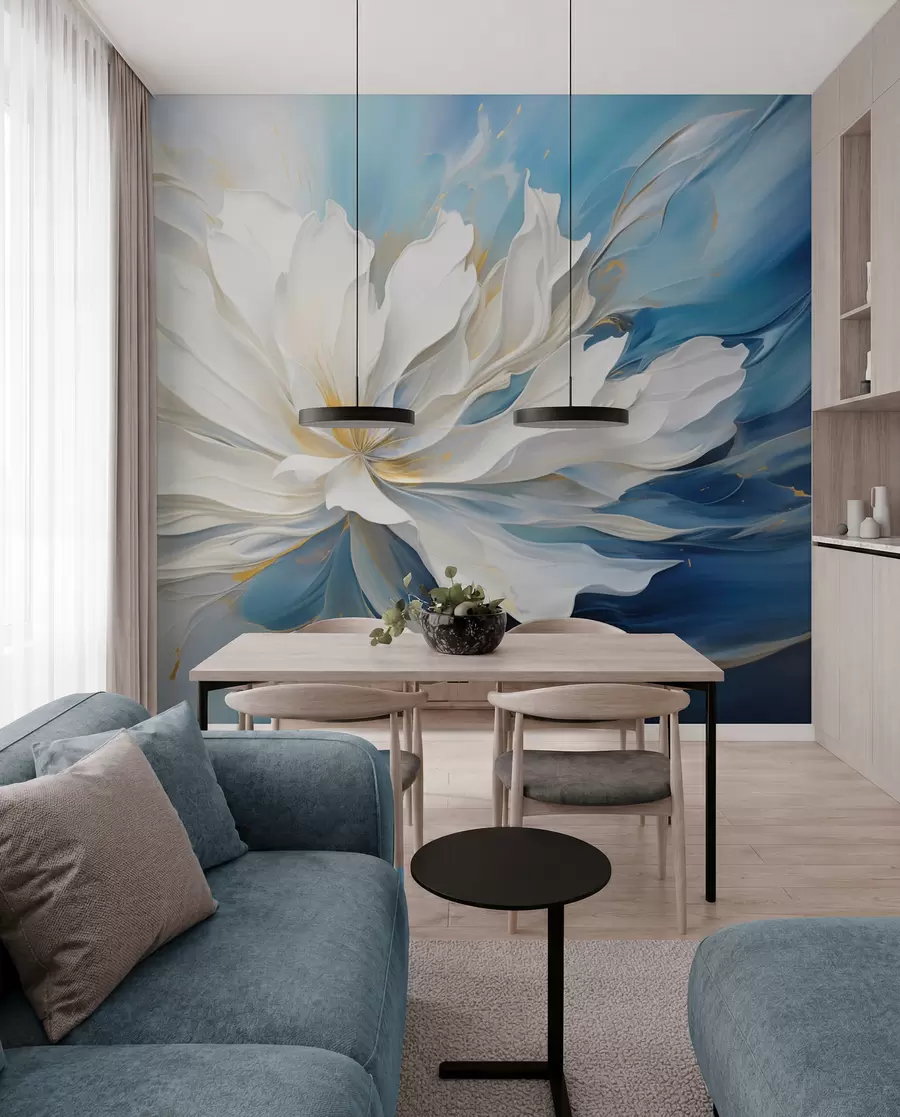 murais de parede Grande peónia branca em estilo pintura a óleo sobre fundo azul-amarelo w09511