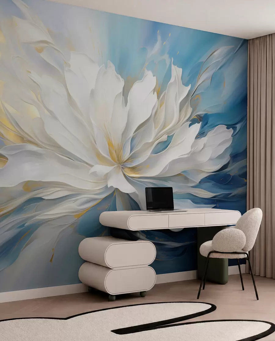 murais de parede Grande peónia branca em estilo pintura a óleo sobre fundo azul-amarelo w09511