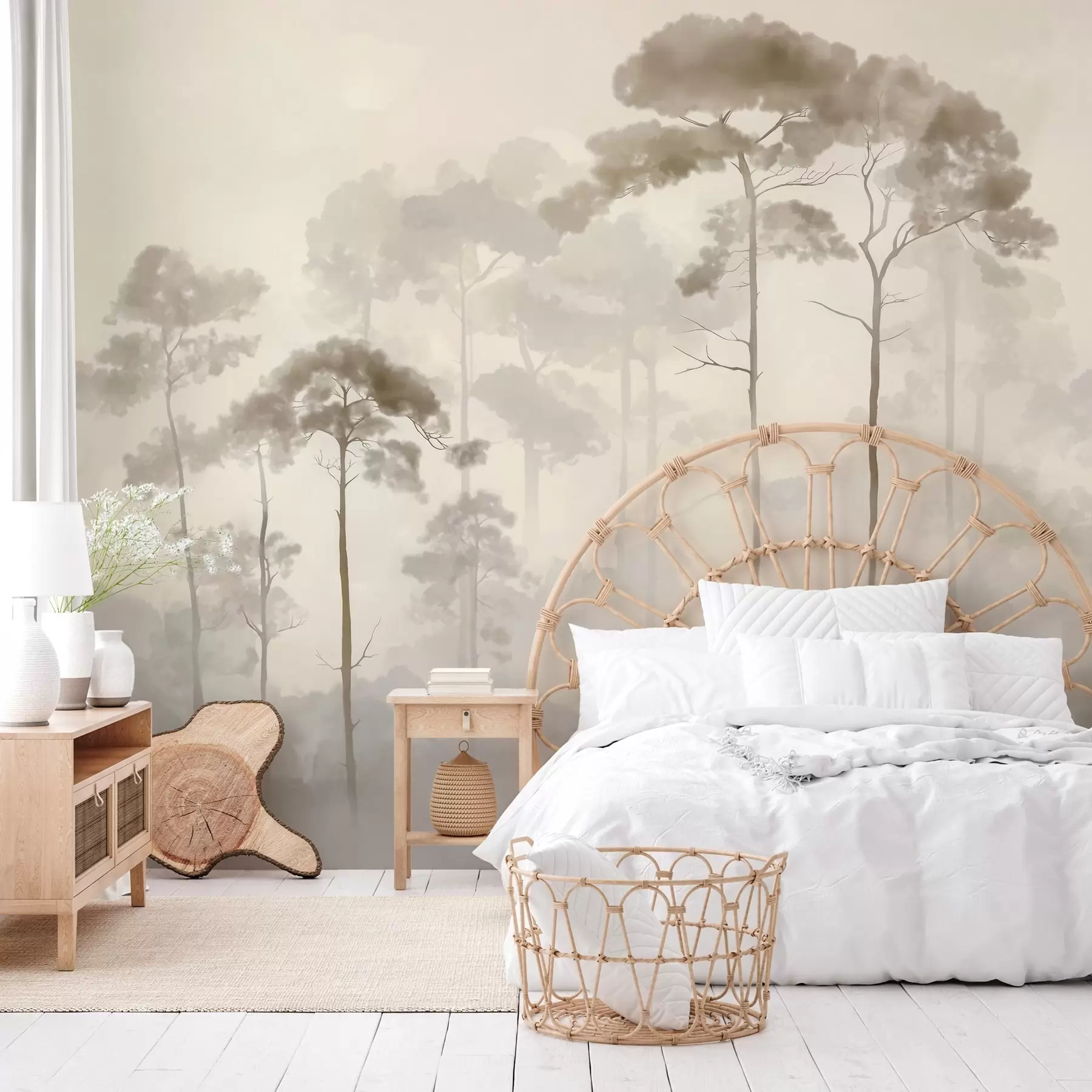 murais de parede silhuetas leves de pinheiros em estilo aquarela w04634