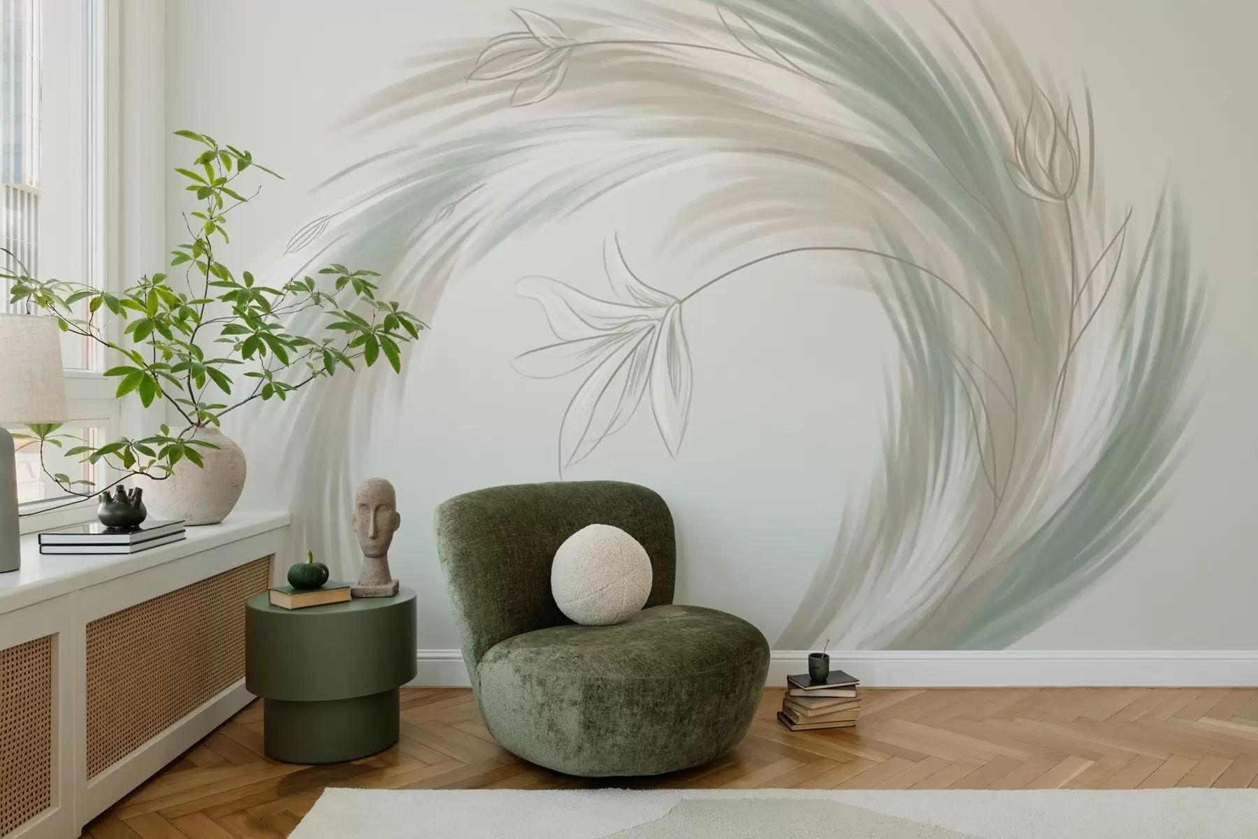 murais de parede penas e flores verdes e bege, pintadas à mão w04816