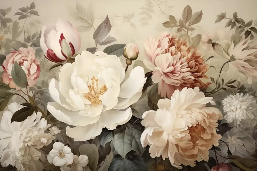 murais de parede Peônias delicadas e crisântemos em tons pastel w09350
