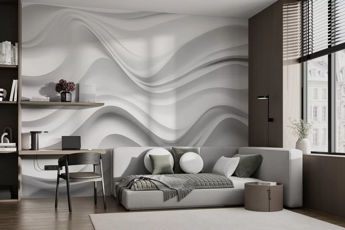 murais de parede Composição 3D abstrata a preto e branco com ondas suaves w09506