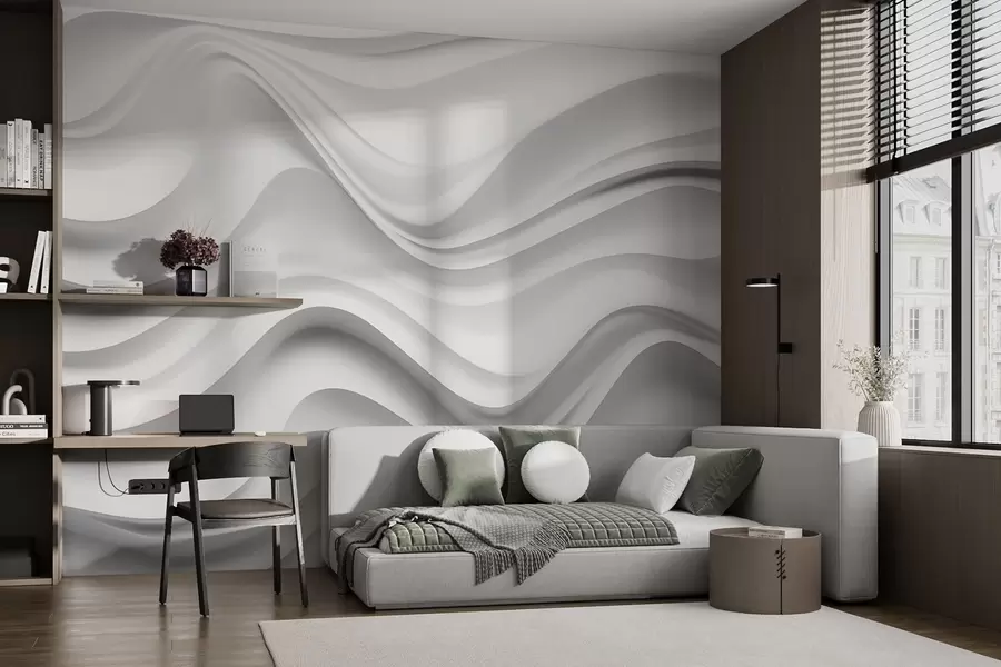 murais de parede Composição 3D abstrata a preto e branco com ondas suaves w09506