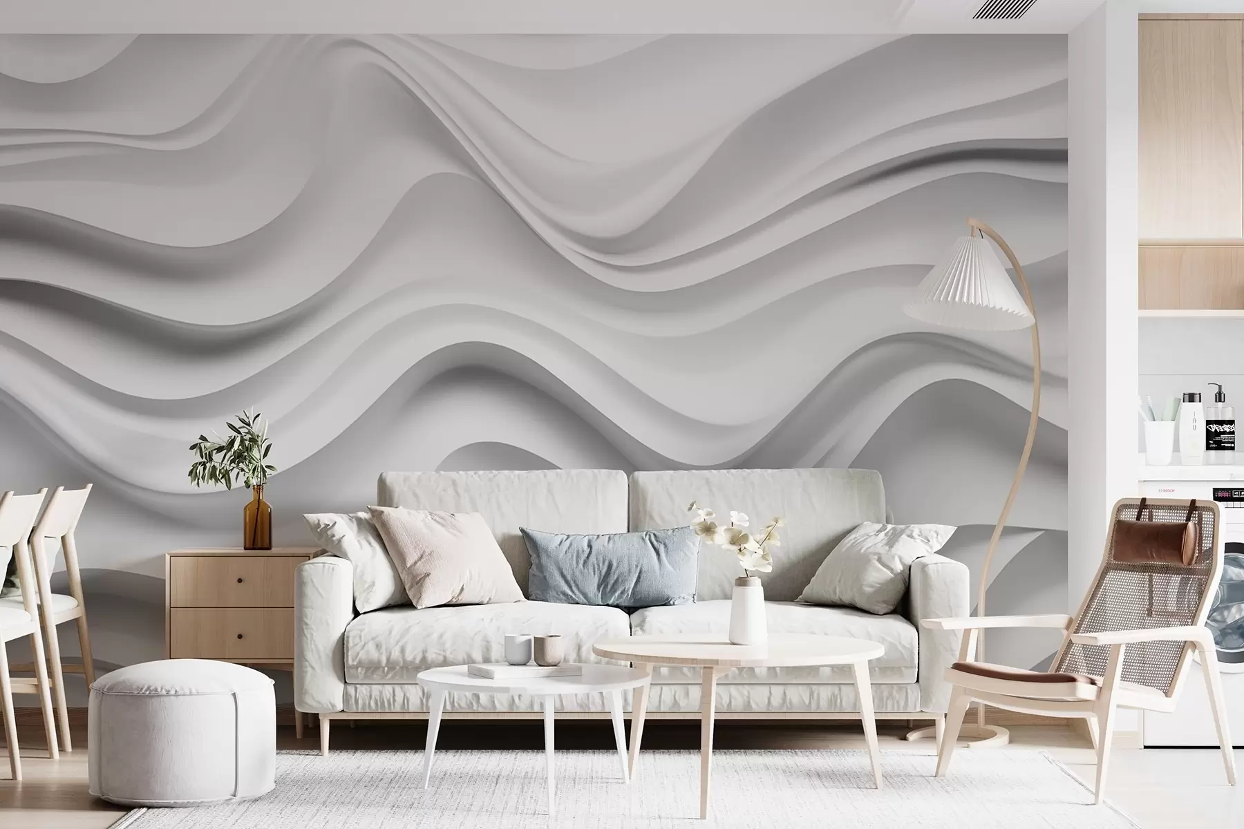 murais de parede Composição 3D abstrata a preto e branco com ondas suaves w09506