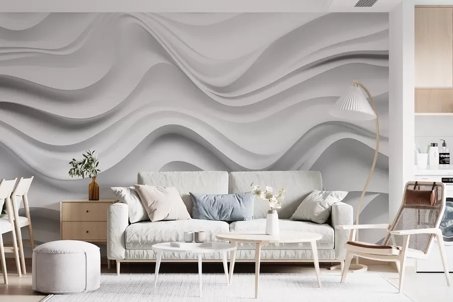 murais de parede Composição 3D abstrata a preto e branco com ondas suaves w09506