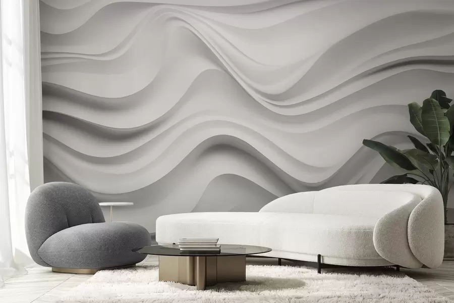 murais de parede Composição 3D abstrata a preto e branco com ondas suaves w09506