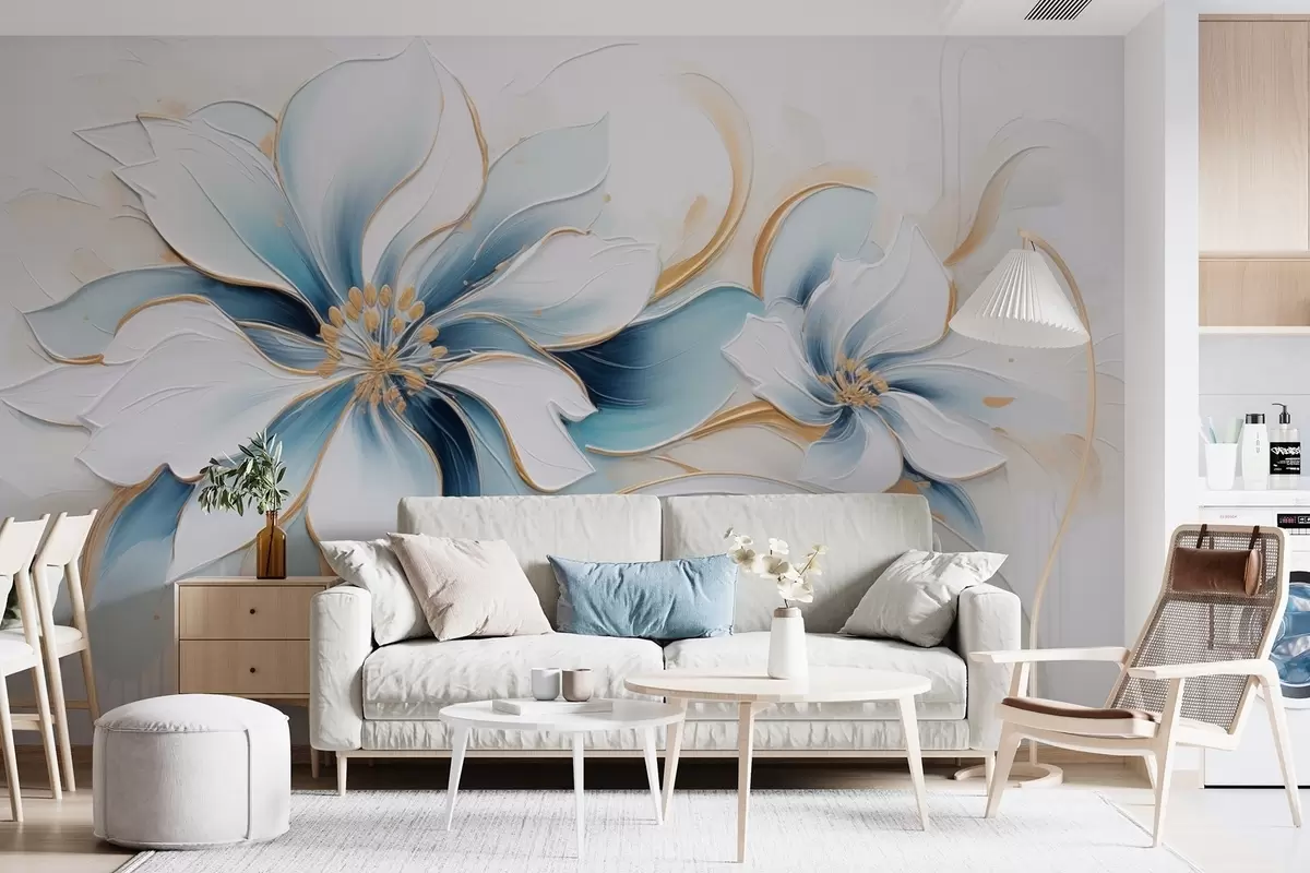 murais de parede Abstração pictórica com flores azuis em estilo pintura a óleo w09524