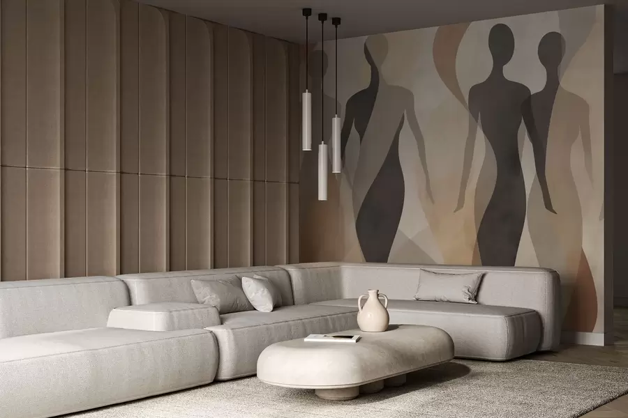 murais de parede Silhuetas e ondas suaves em tons quentes de bege-cinza w04787
