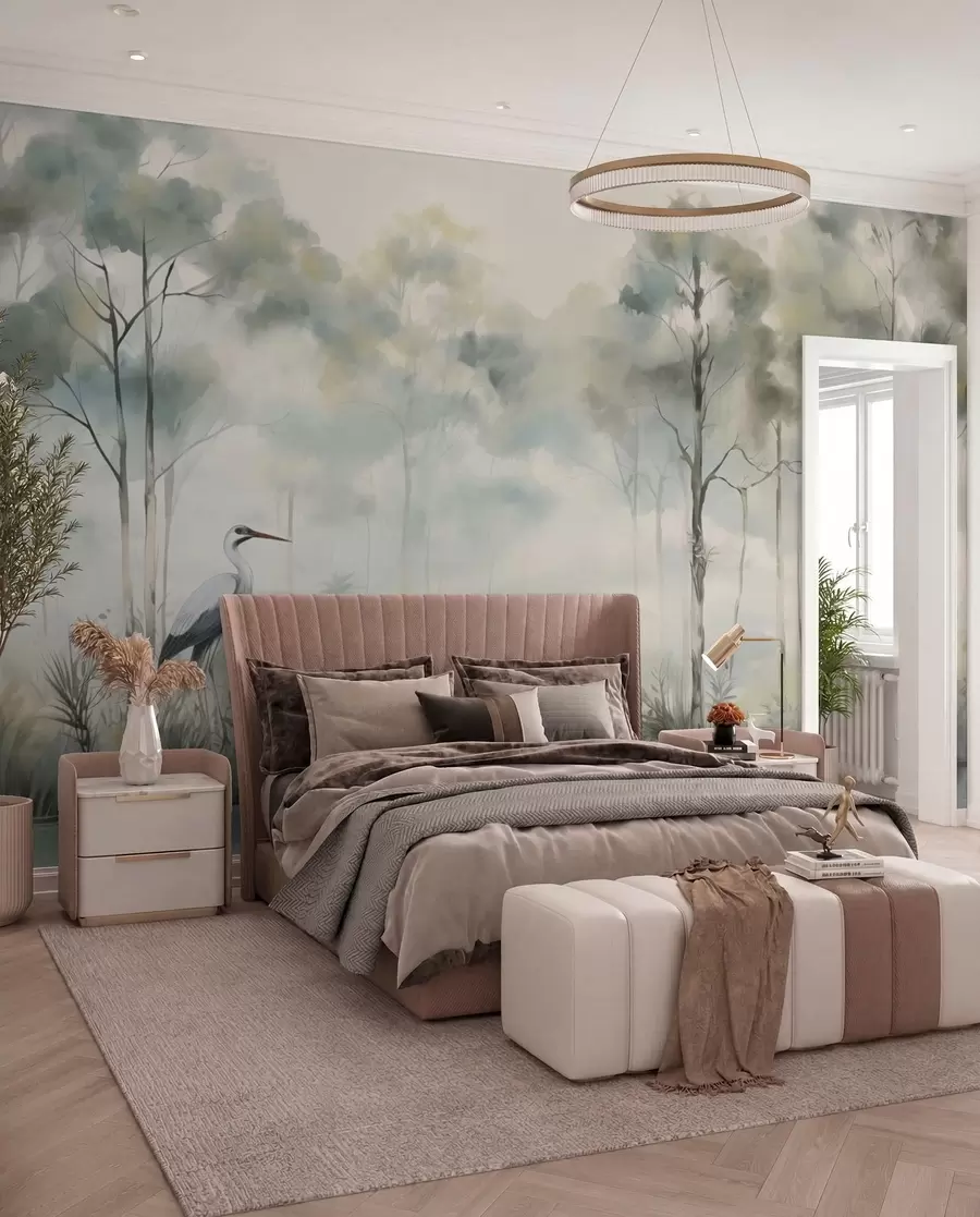 murais de parede Floresta enevoada à beira da água com garças, paleta suave e fria w04788