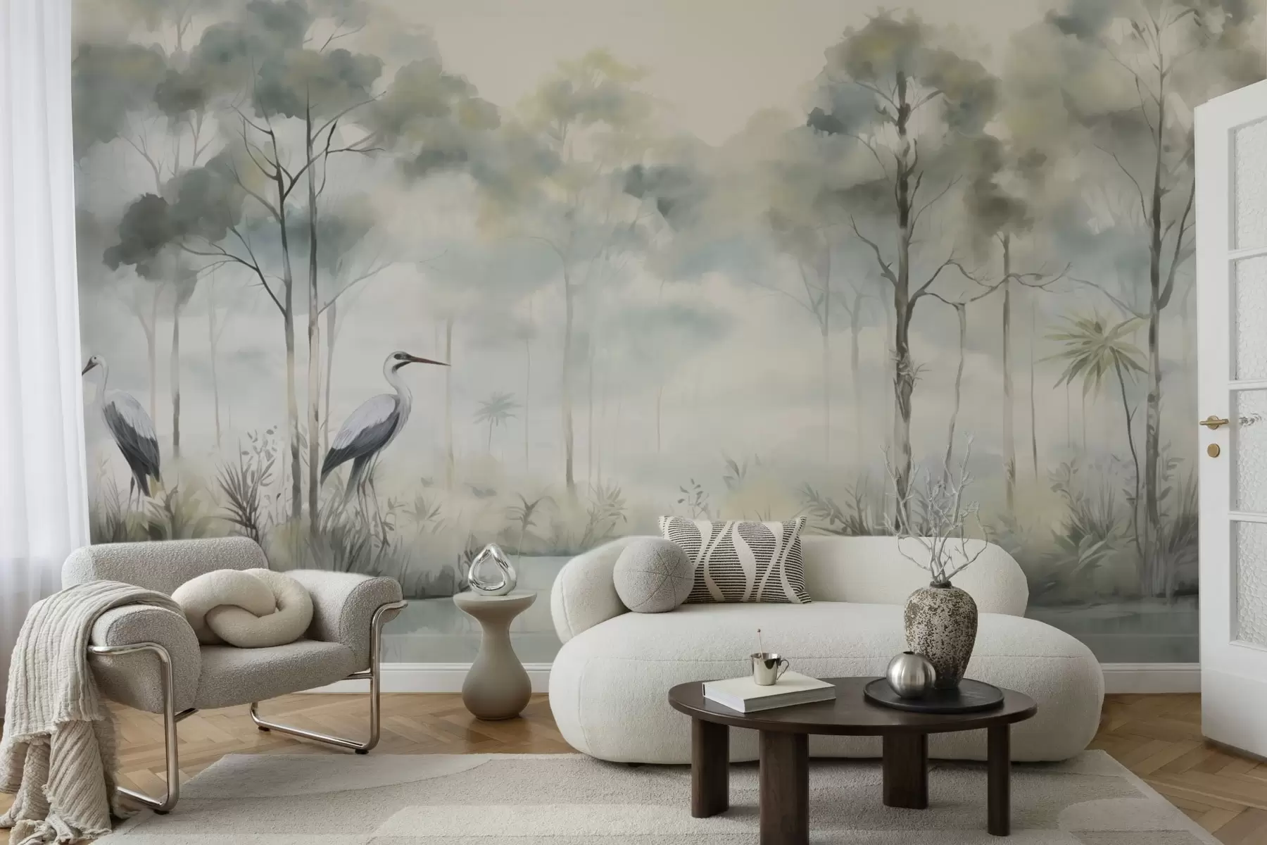 murais de parede Floresta enevoada à beira da água com garças, paleta suave e fria w04788