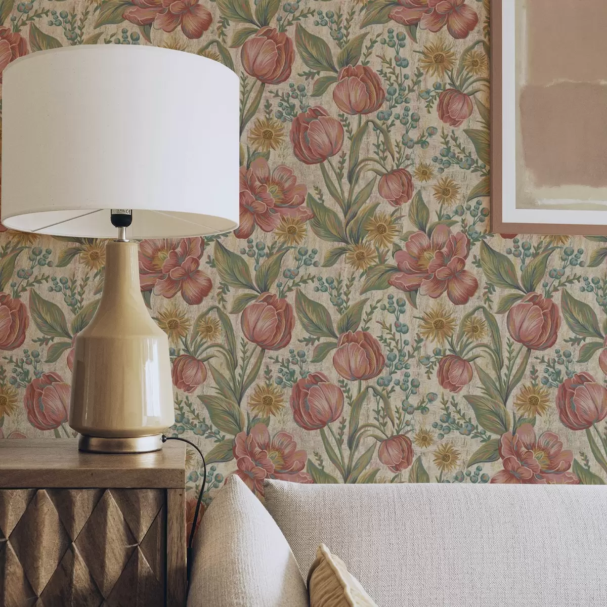 Papel de parede Tulipas e ásteres vintage, fundo creme texturizado a00773