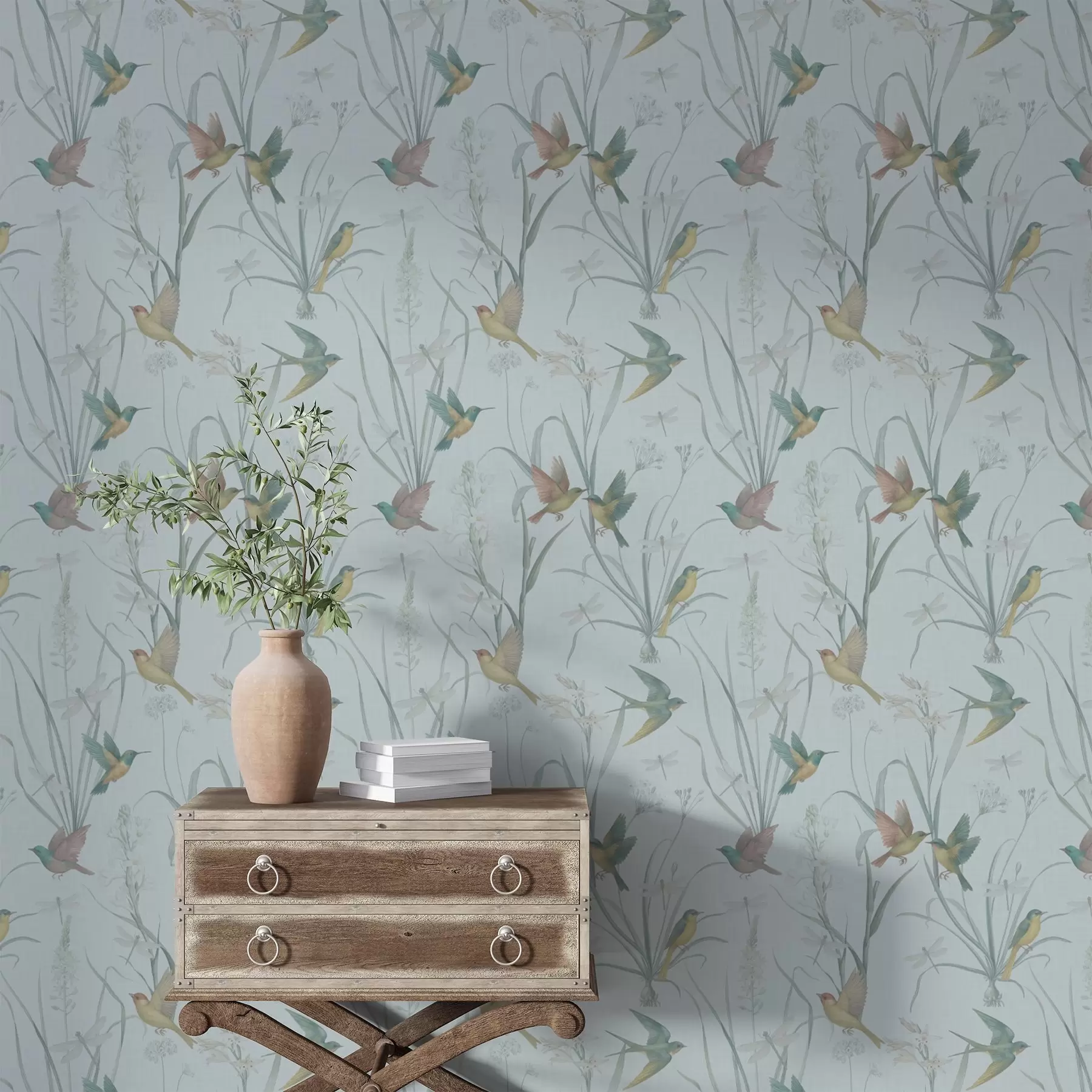 murais de parede Pássaros entre as ervas do prado num terreno cinza-azulado a00776