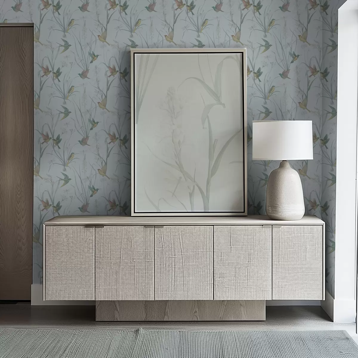 Papel de parede Pássaros entre as ervas do prado num terreno cinza-azulado a00776