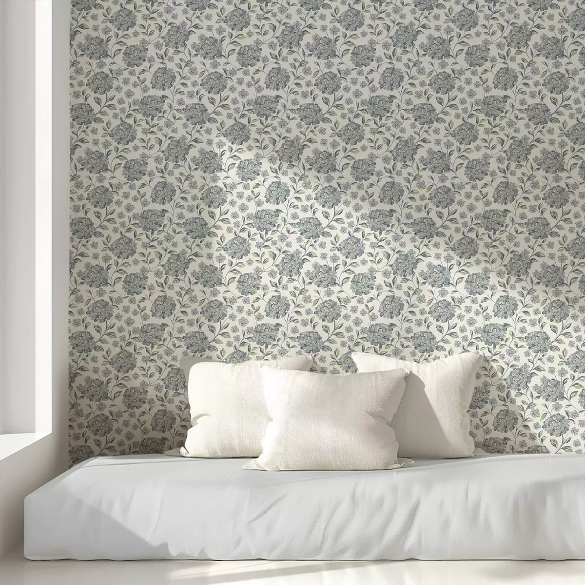 Papel de parede Flores e folhas espessas numa paleta cinza-azulada a00778