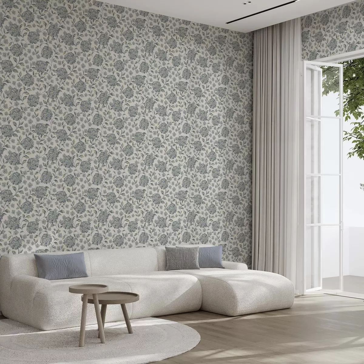 Papel de parede Flores e folhas espessas numa paleta cinza-azulada a00778