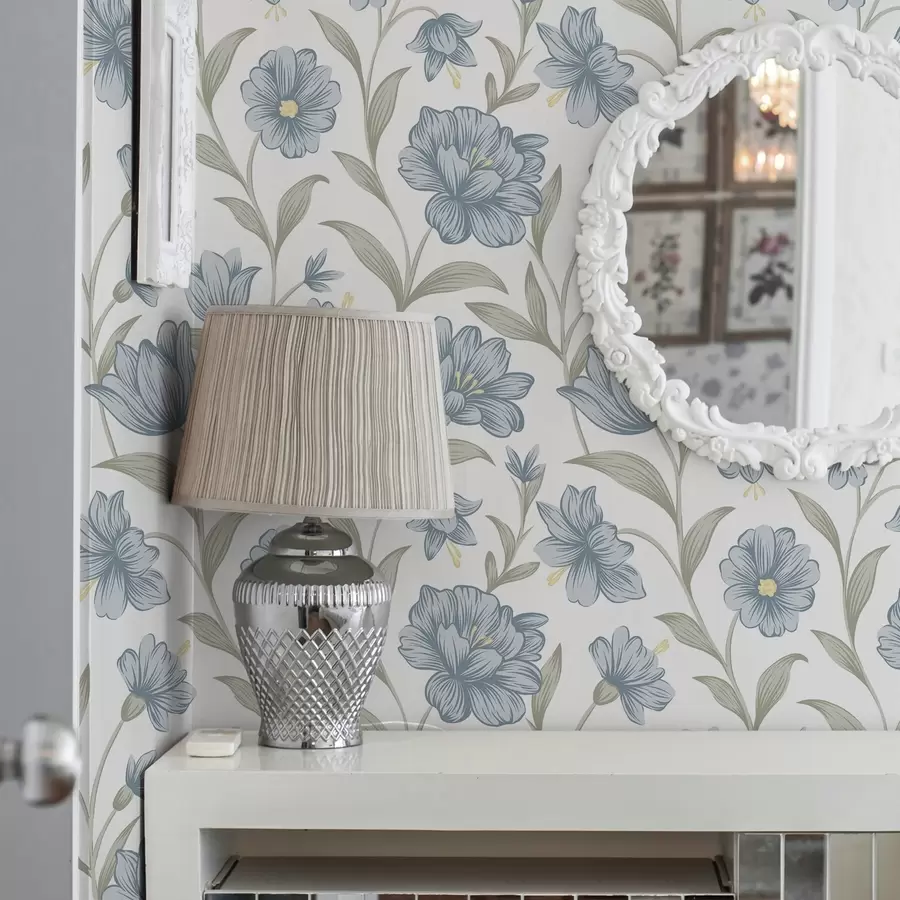 murais de parede Flores azuis empoeiradas com folhas de oliveira sobre fundo branco a00780