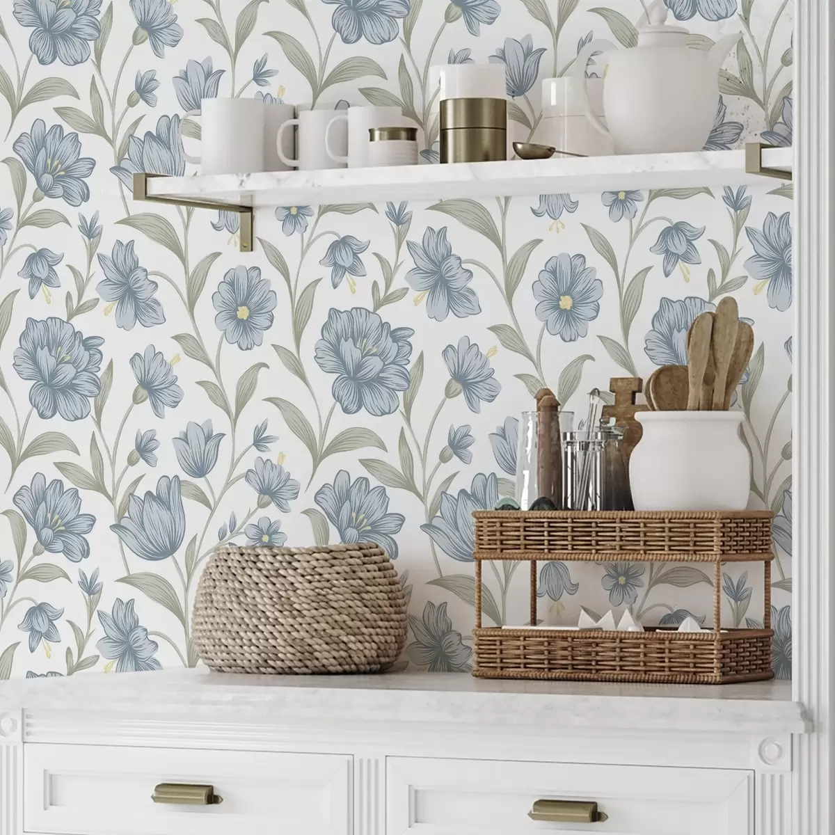 Papel de parede Flores azuis empoeiradas com folhas de oliveira sobre fundo branco a00780