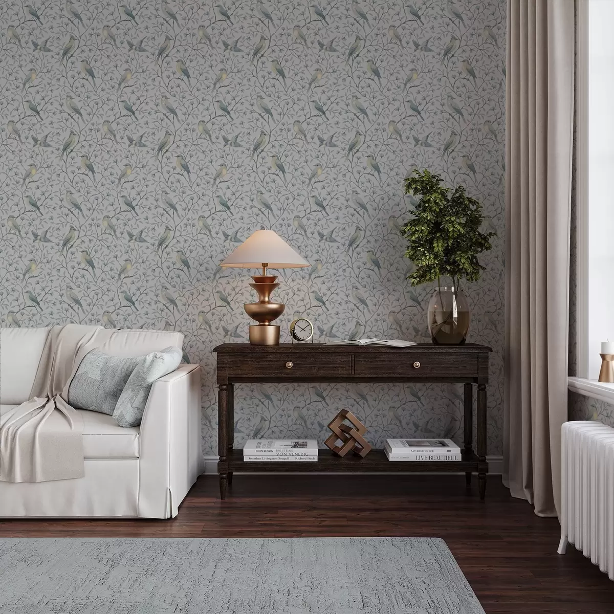 Papel de parede Pássaros em galhos, esquema cinza-azulado a00782