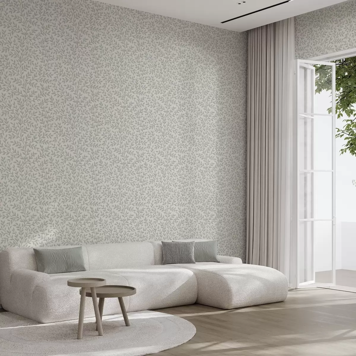 Papel de parede Ramos com folhas e bagas, creme claro e salva a00783