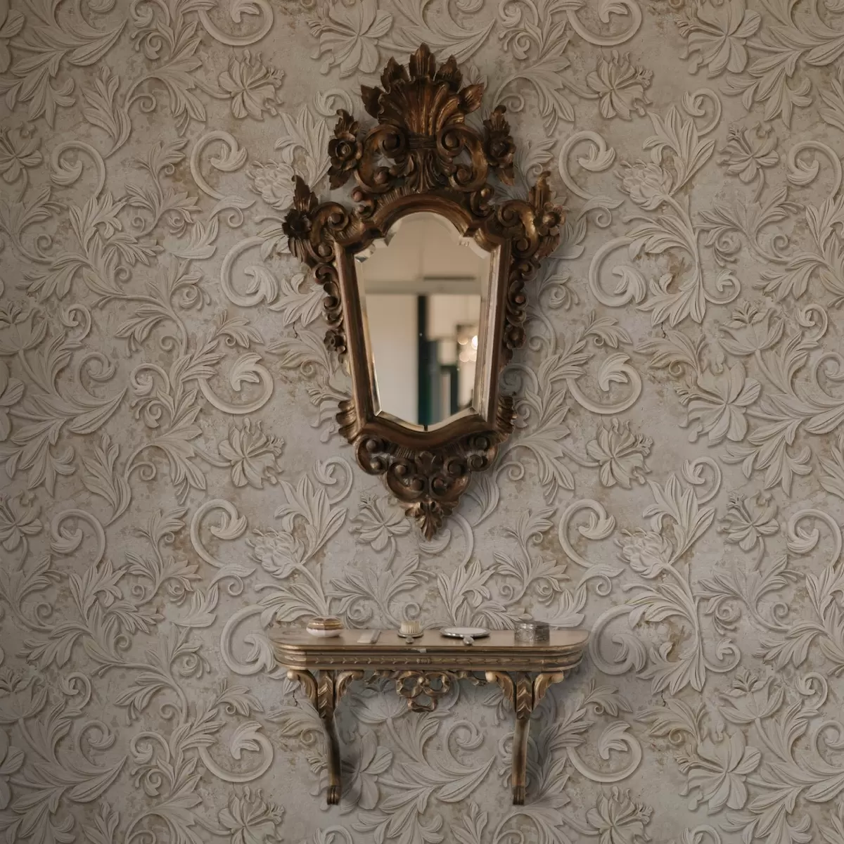 Papel de parede Relevo em pedra com arabescos florais, bege vintage a00784